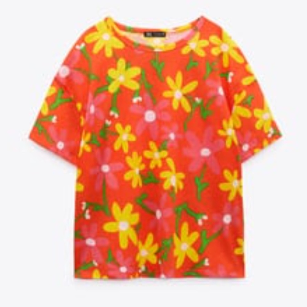 Zara red, pink and yellow floral 100% cotton short sleeve oversized tee NWT